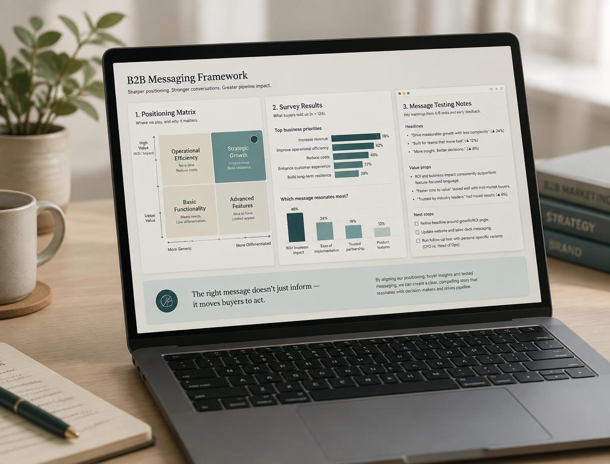 A messaging framework, survey results, and message-testing notes on a laptop screen