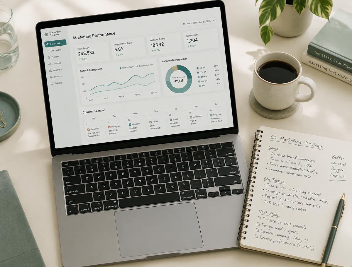A marketing dashboard and content calendar on a laptop, next to a strategy notebook